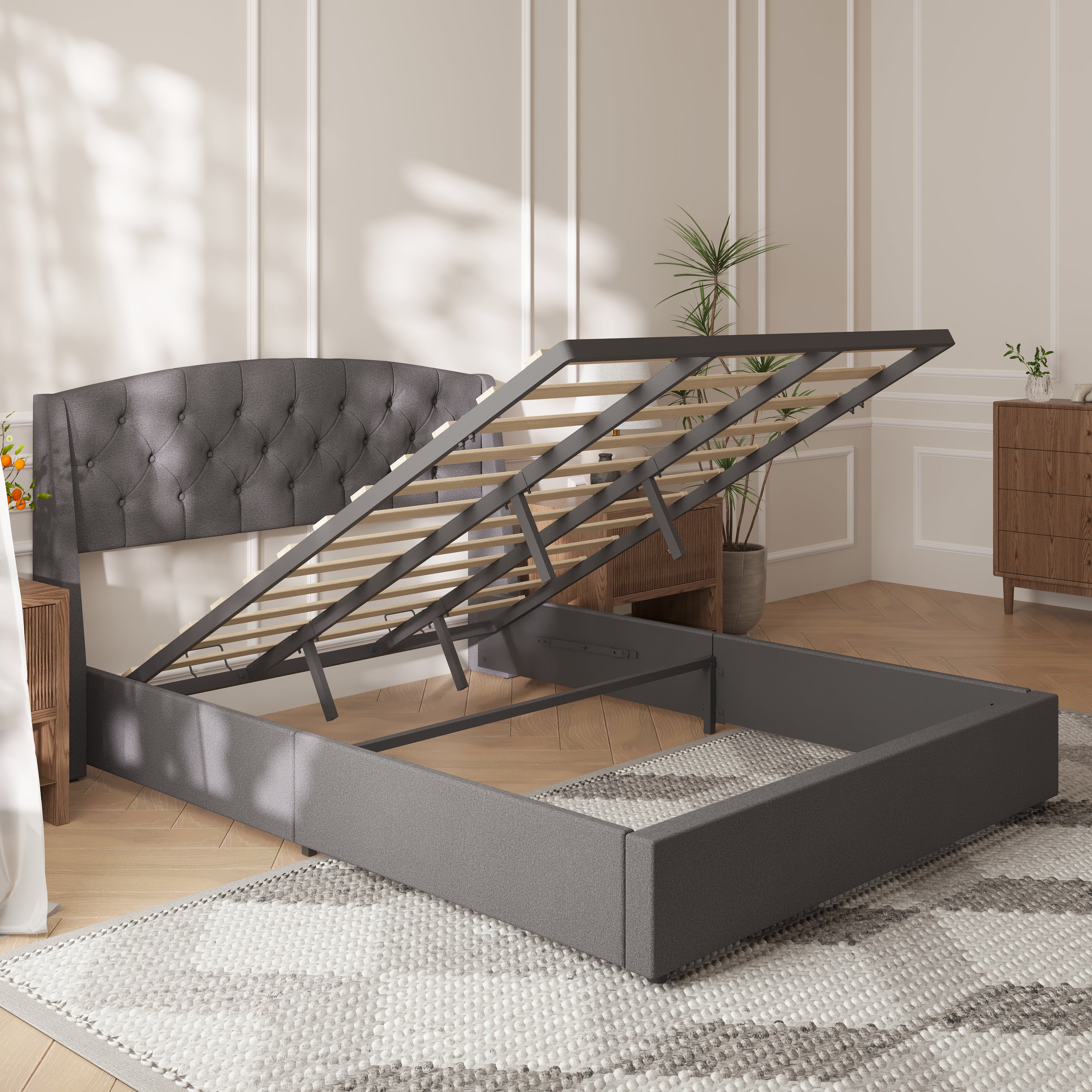 Wingback Lift-Up Storage Upholstered Bed Frame